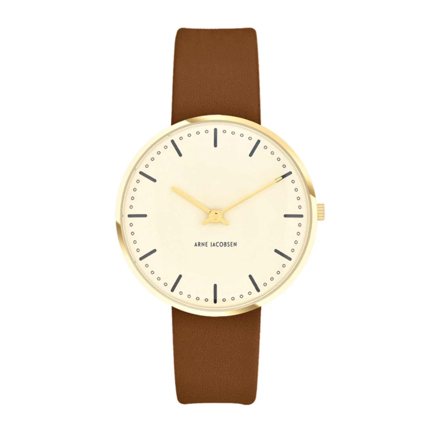 Arne Jacobsen - City Hall Ivory Bloom armbåndsur, Ø 34 mm - Guld PVD med brun rem