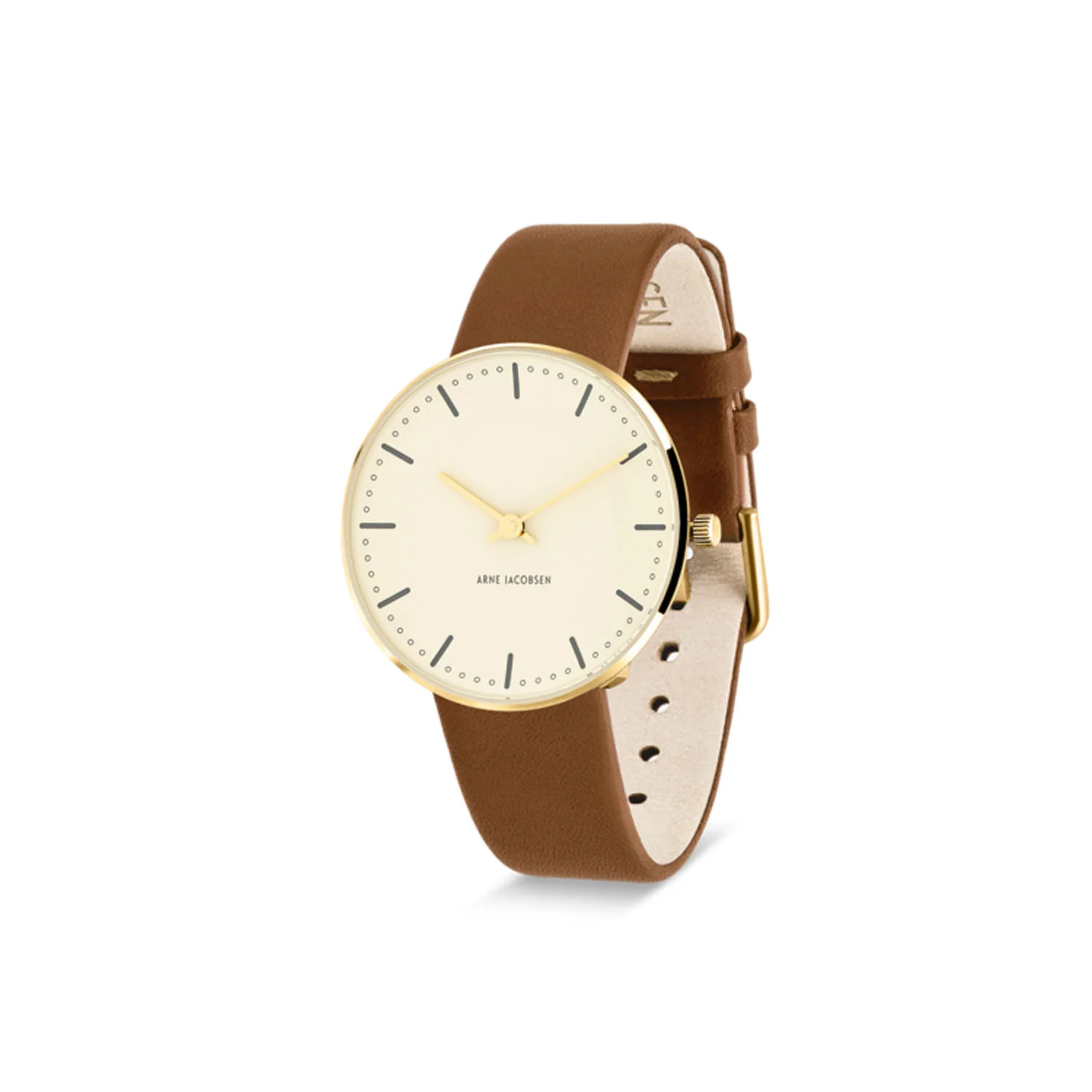Arne Jacobsen - City Hall Ivory Bloom armbåndsur, Ø 34 mm - Guld PVD med brun rem - Image 2