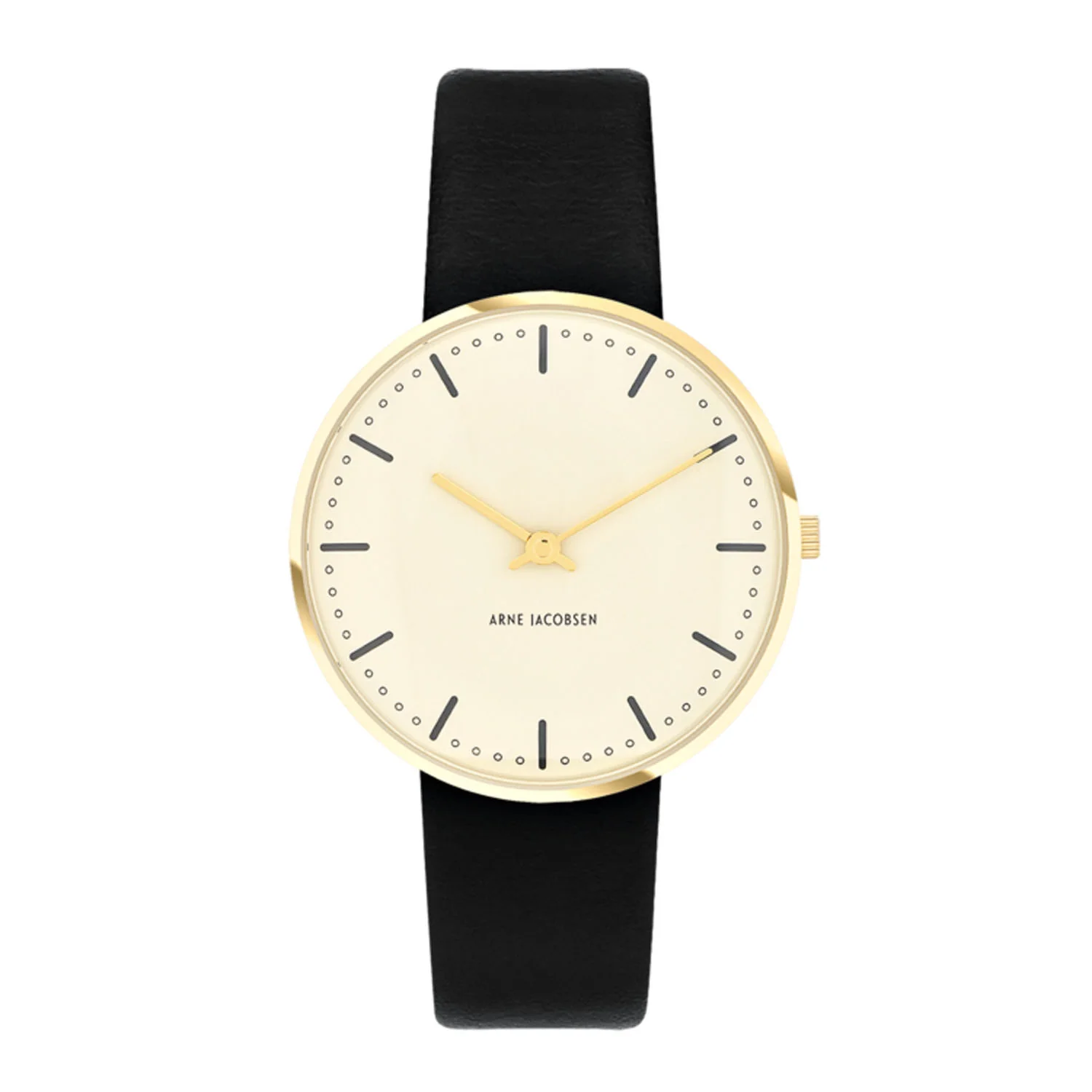 Arne Jacobsen - City Hall Ivory Bloom armbåndsur, Ø 34 mm - Guld PVD med sort rem