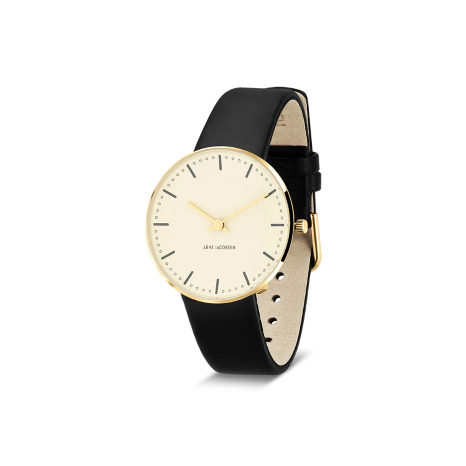 Arne Jacobsen - City Hall Ivory Bloom armbåndsur, Ø 34 mm - Guld PVD med sort rem - Image 2