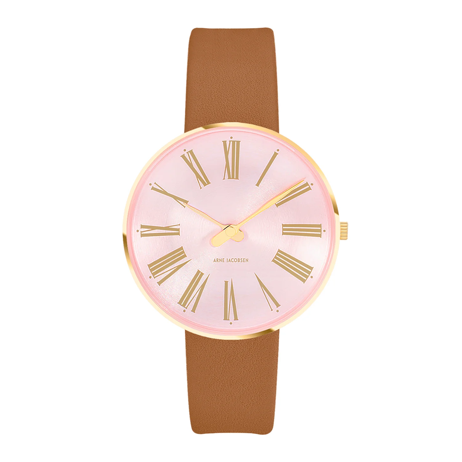 Arne Jacobsen - Roman Orchid Pink ur, 34 mm - guld IP/brun læderrem
