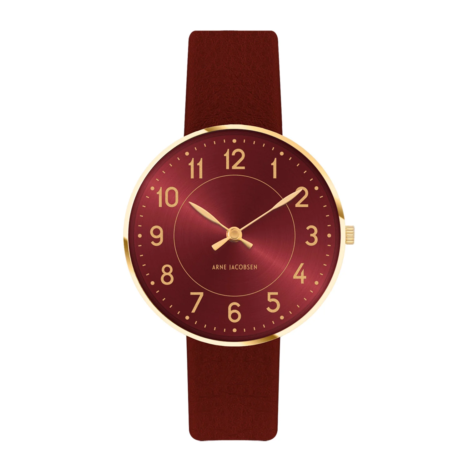 Arne Jacobsen - Station Burgundy Red, Ø34 mm - Guld PVD/læderrem