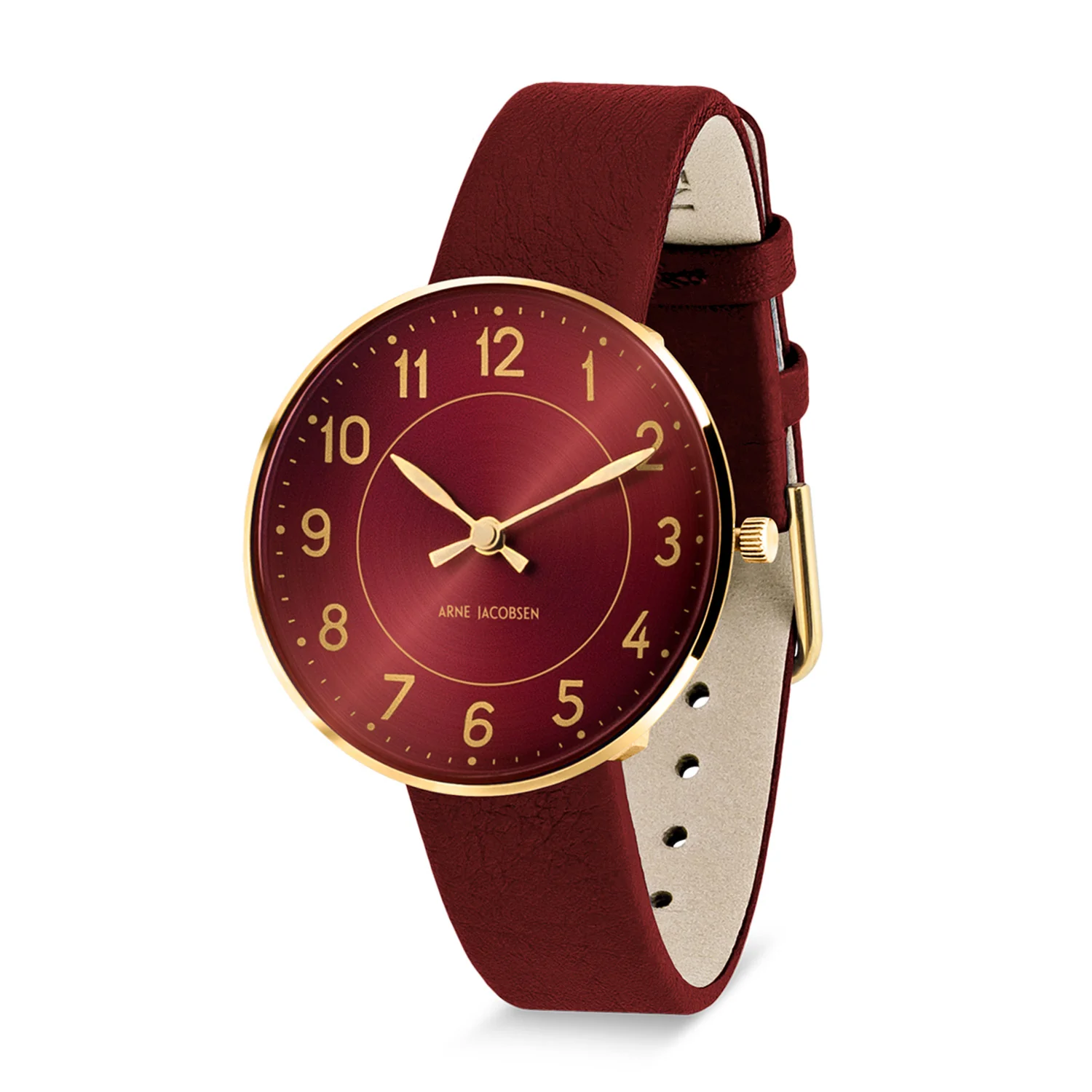 Arne Jacobsen - Station Burgundy Red, Ø34 mm - Guld PVD/læderrem - Image 3