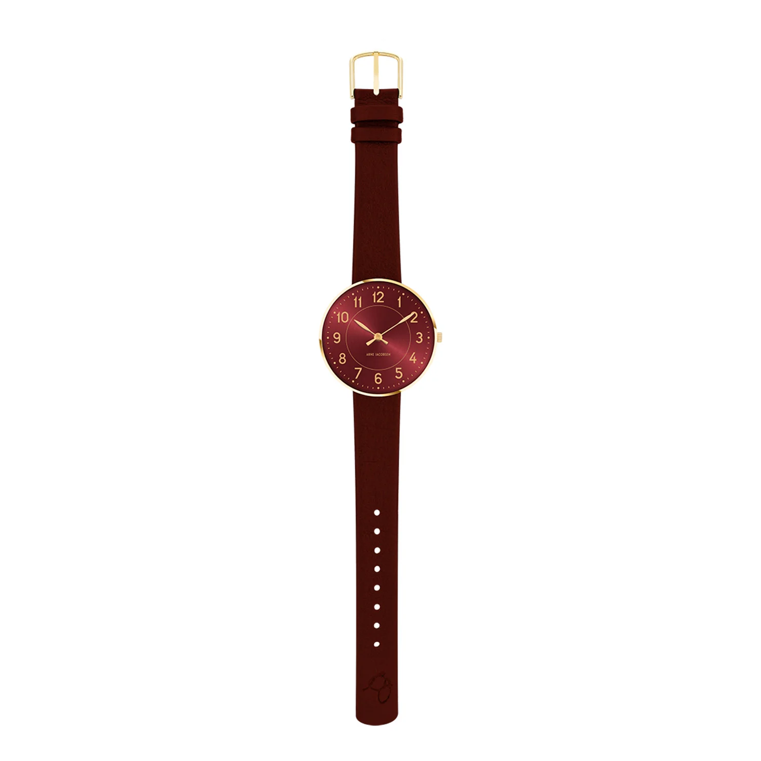 Arne Jacobsen - Station Burgundy Red, Ø34 mm - Guld PVD/læderrem - Image 5