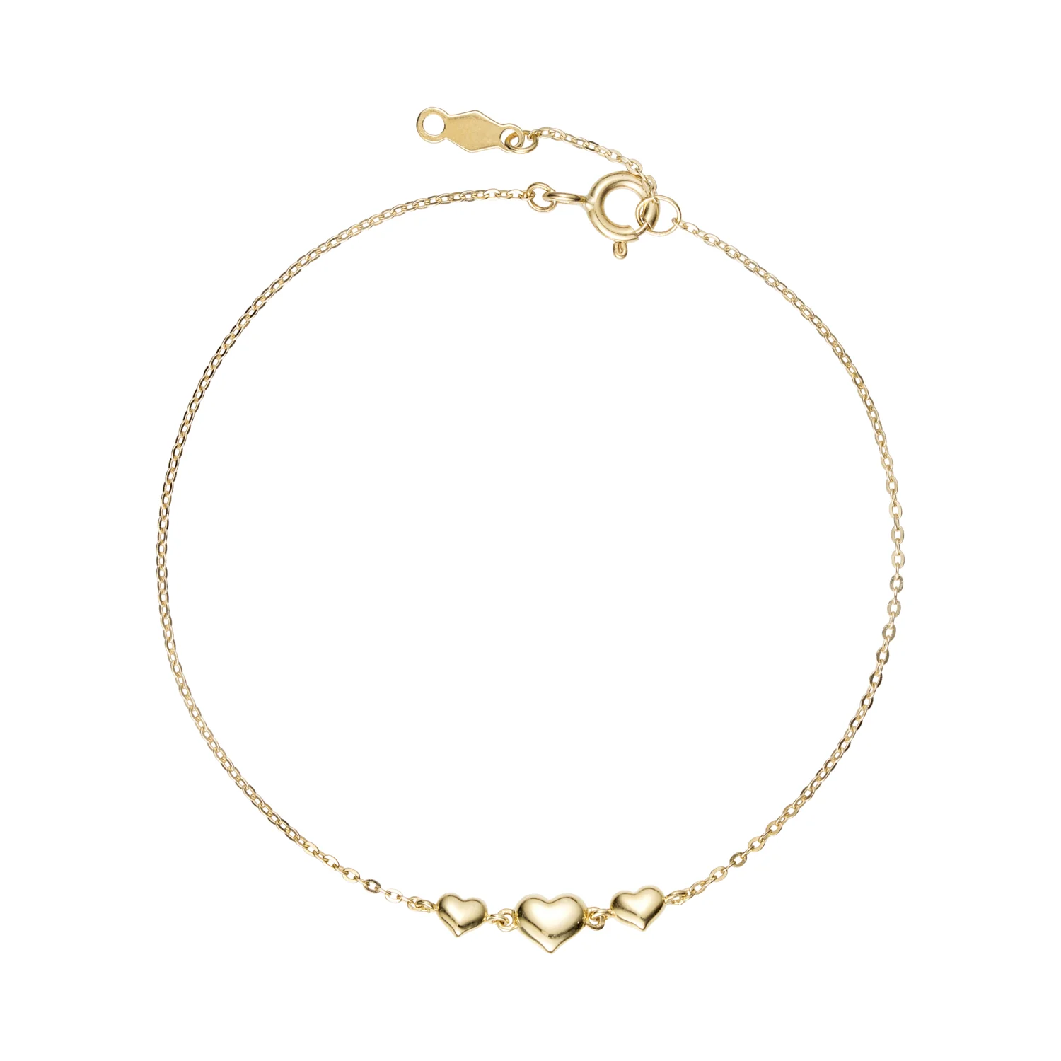 Aveny NINE K - Armbånd m. 3 små hjerter, 16+2 cm - 9 kt. guld
