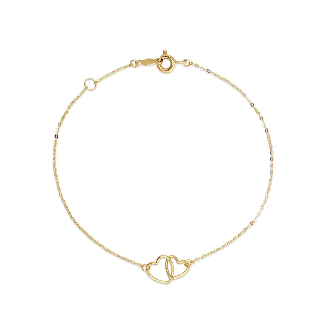 Aveny NINE K - Armbånd m. dobbelthjerte, 16+2 cm - 9 kt. guld