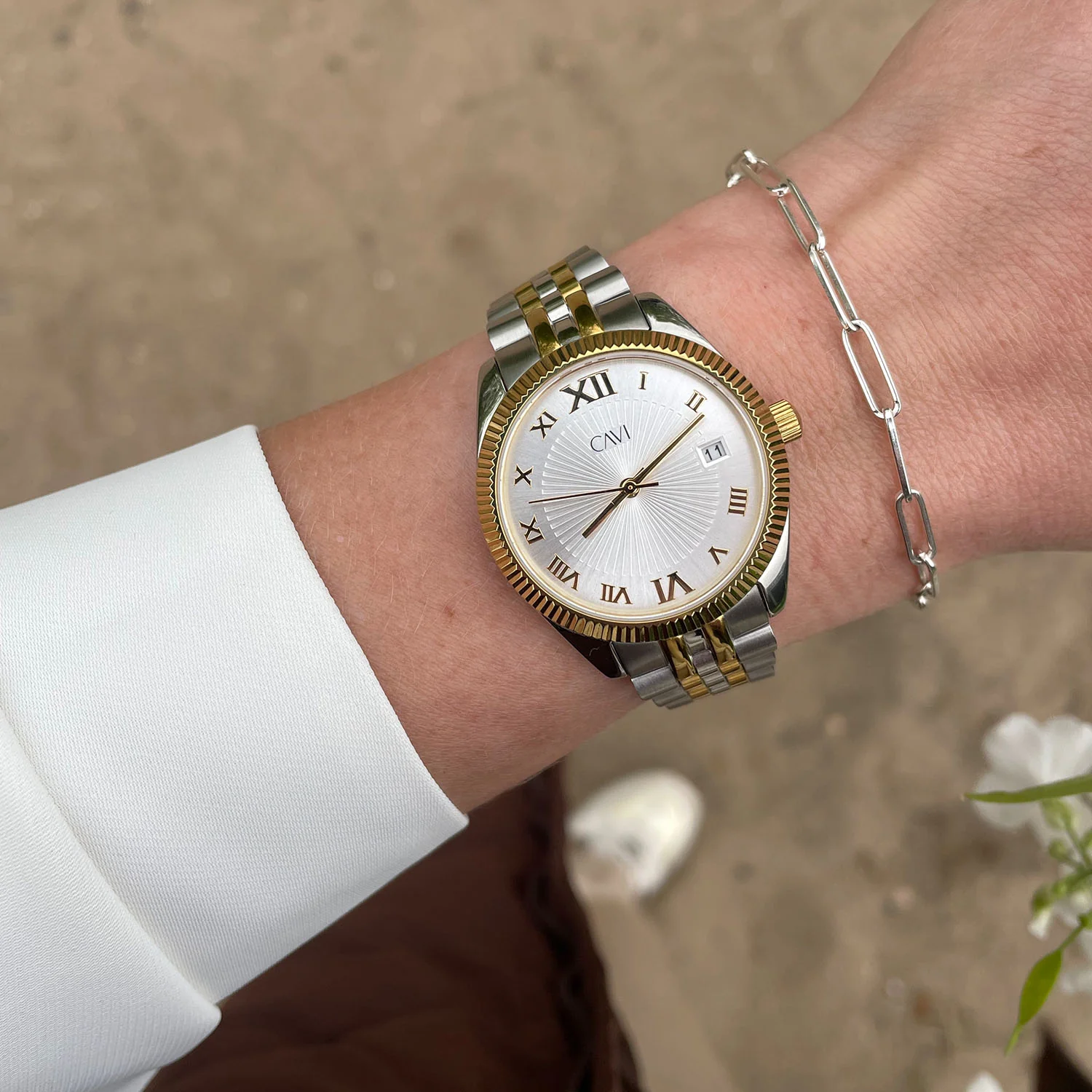 CAVI Watches - Vela Silver Sunray ur, 32,5 mm - Bicolor rustfrit stål - Image 3