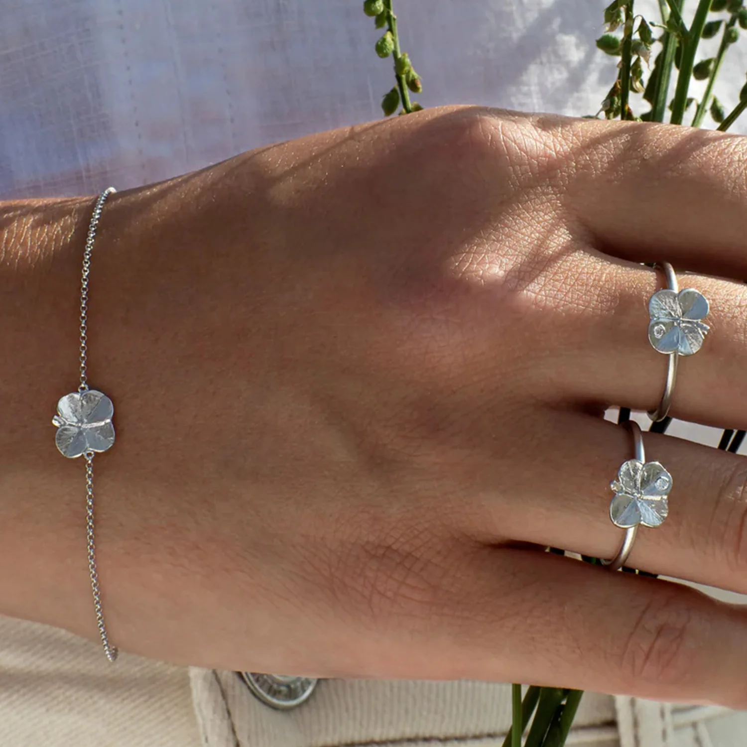 Flora Danica - Firkløver armbånd, 16-19,5 cm - Sølv - Image 8