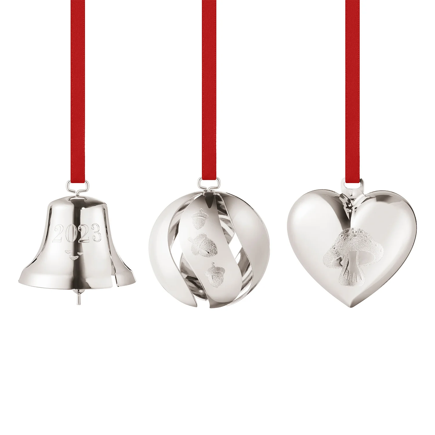 Georg Jensen - Julesæt 2023, hjerte, kugle, klokke - Palladium belagt messing