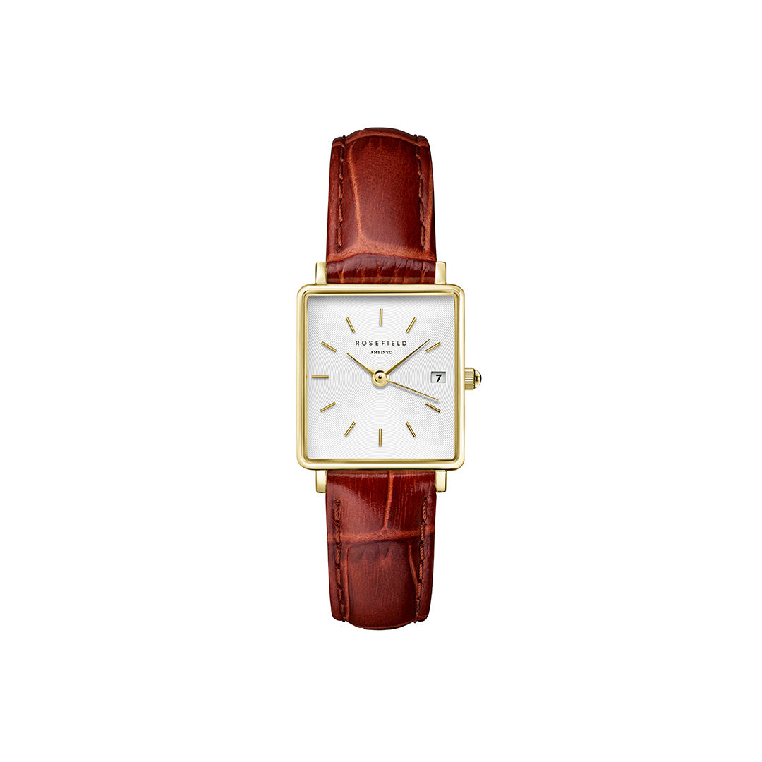 Rosefield - The Boxy XS Brown Croco med rem, 22x24 mm - Hvid, rustfrit stål