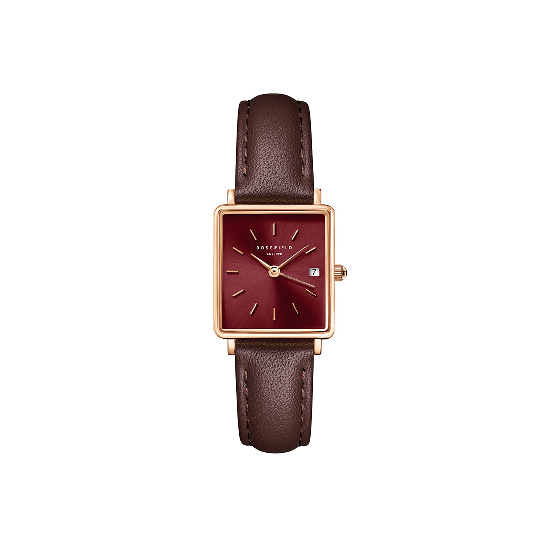 Rosefield - The Boxy XS Brown med rem, 22x24 mm - Rød, rustfrit stål