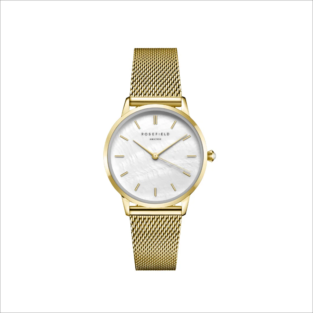 Rosefield - The Pearl Edit Gold m. lænke, 36 mm - Hvid, rustfrit stål