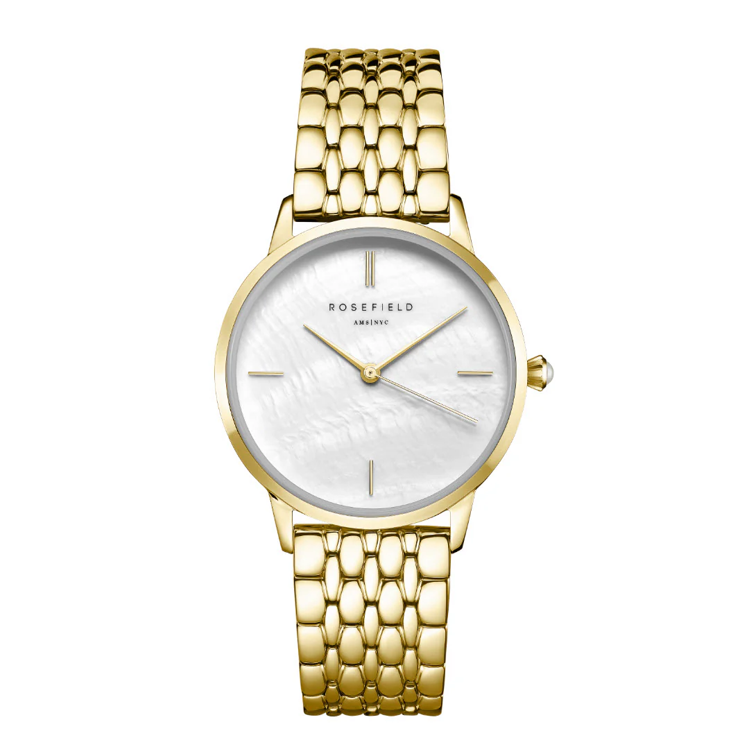 Rosefield - The Pearl Edit Gold m. lænke, 36 mm - Hvid, rustfrit stål