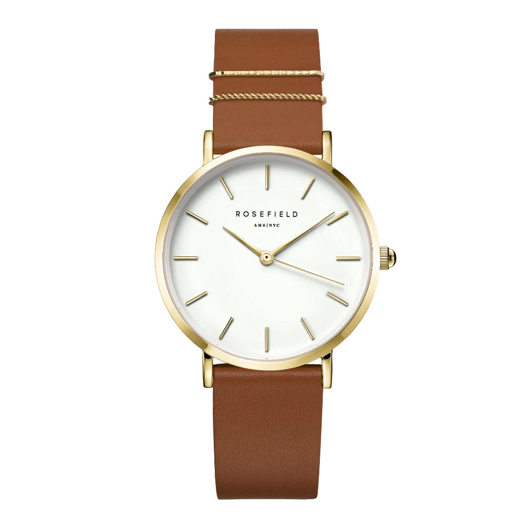 Rosefield - The West Village Brown m. rem, 33 mm - Hvid, rustfrit stål