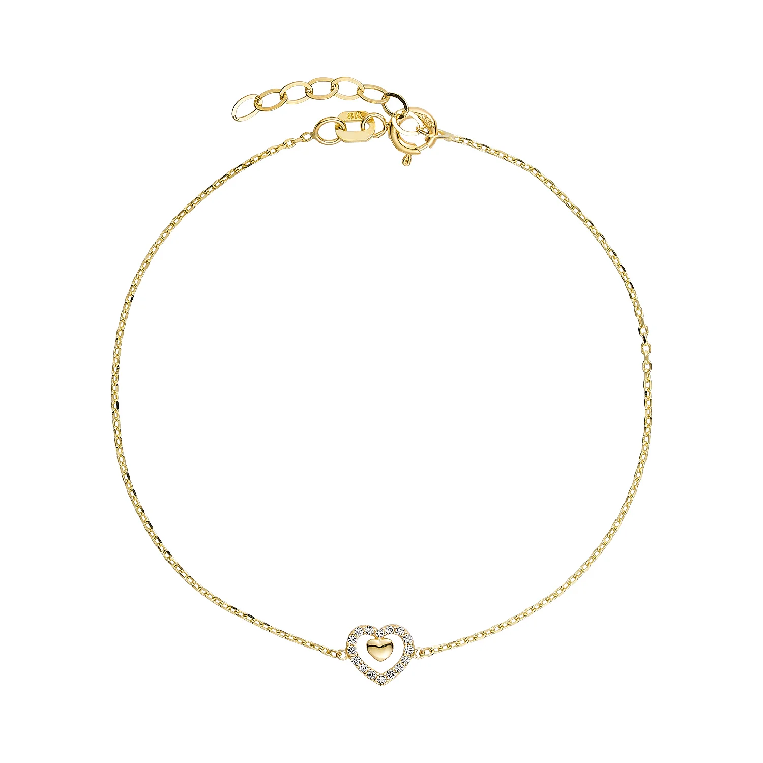 Vibholm GULD - Armbånd m. dobbelthjerte, zirkonia/16,5+2 cm - 8 kt. guld