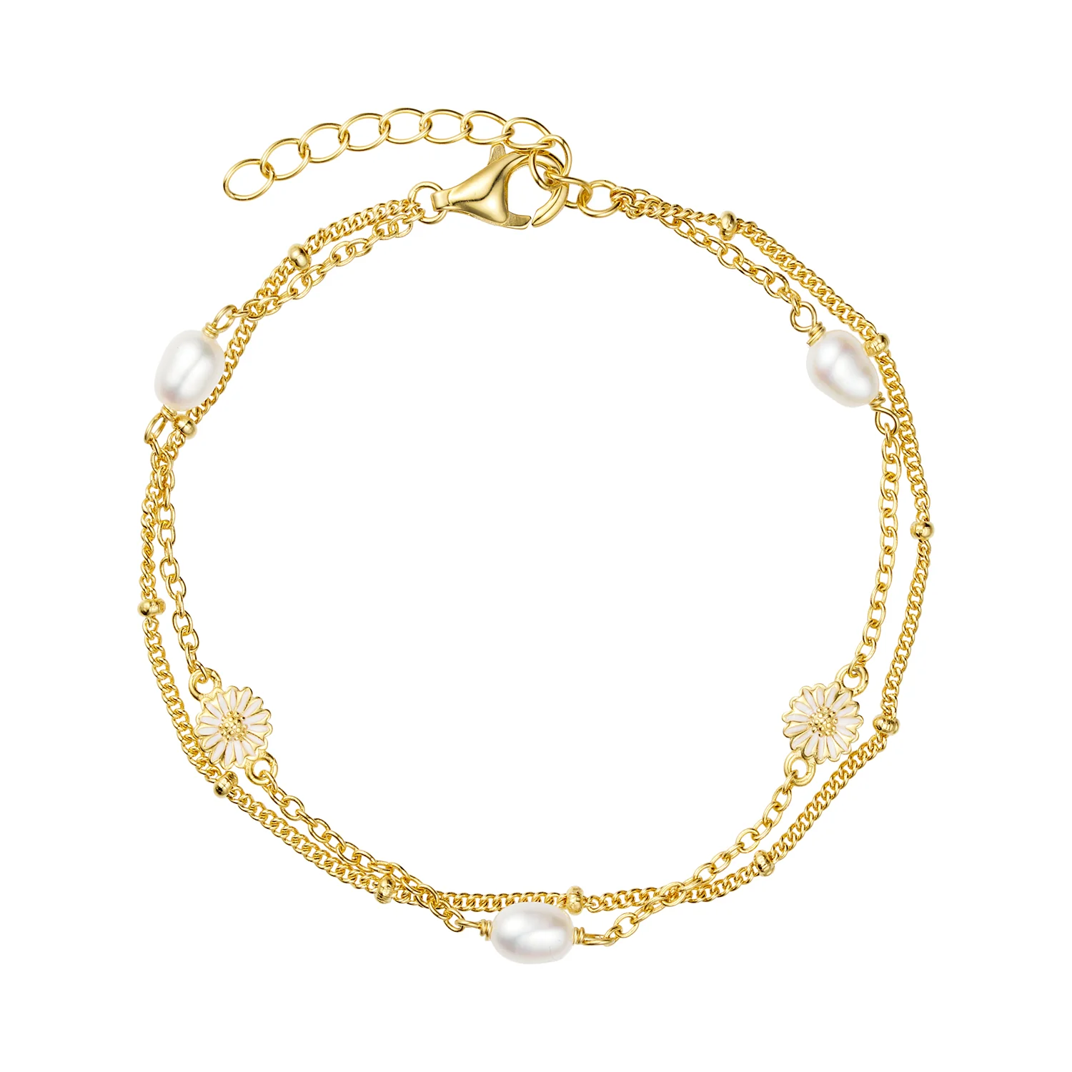 Vibholm SØLV - Dobbelt marguerit armbånd m. ferskvandsperle, 16+3 cm - Forgyldt sølv