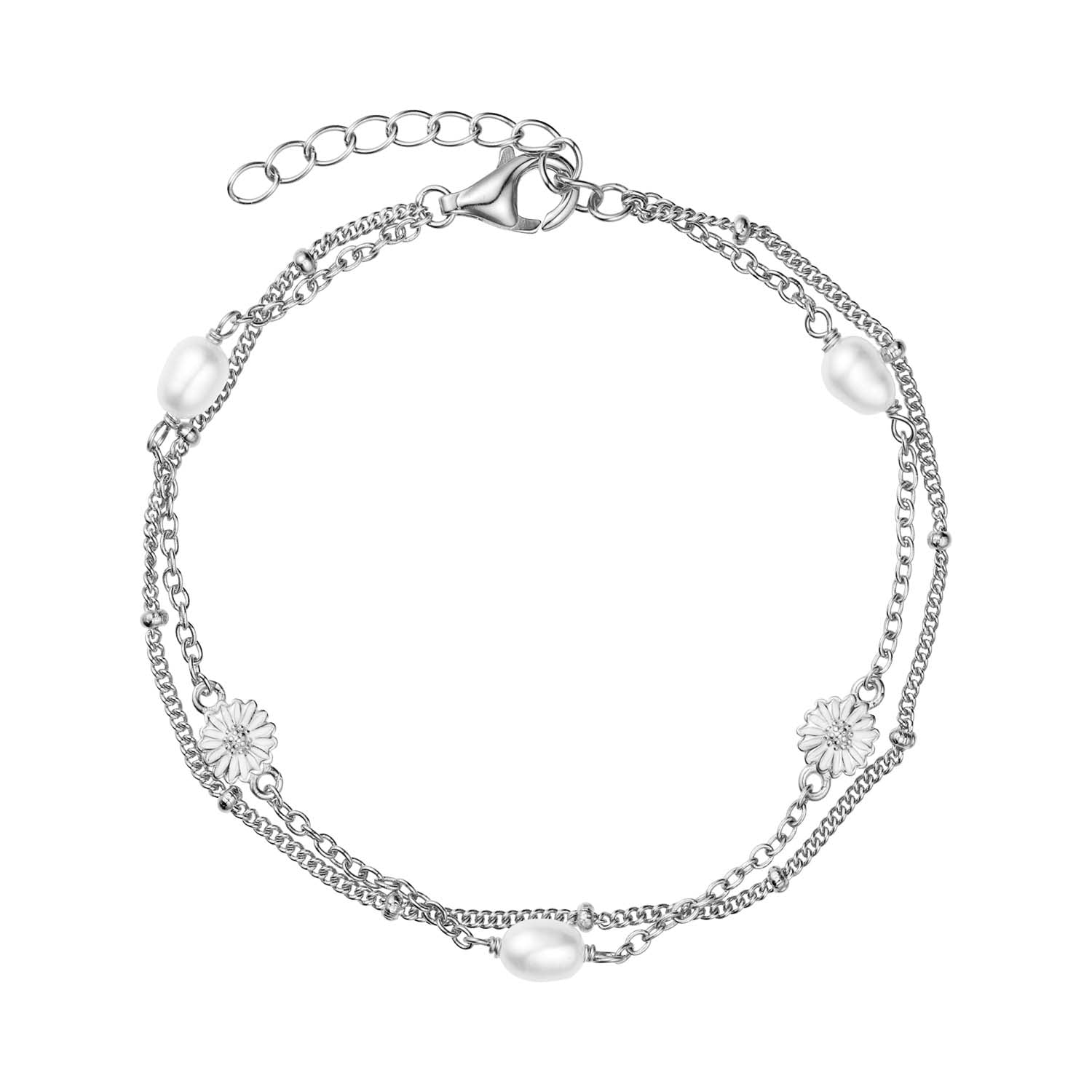 Vibholm SØLV - Dobbelt marguerit armbånd m. ferskvandsperle, 16+3 cm - Sølv