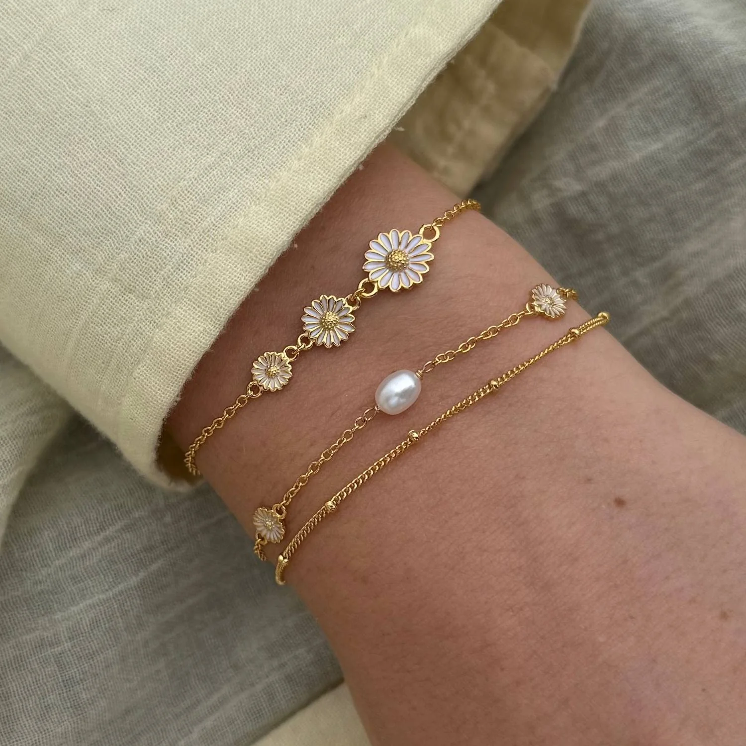 Vibholm SØLV - Marguerit armbånd, 4-9 mm/16+3 cm - Forgyldt sølv - Image 5