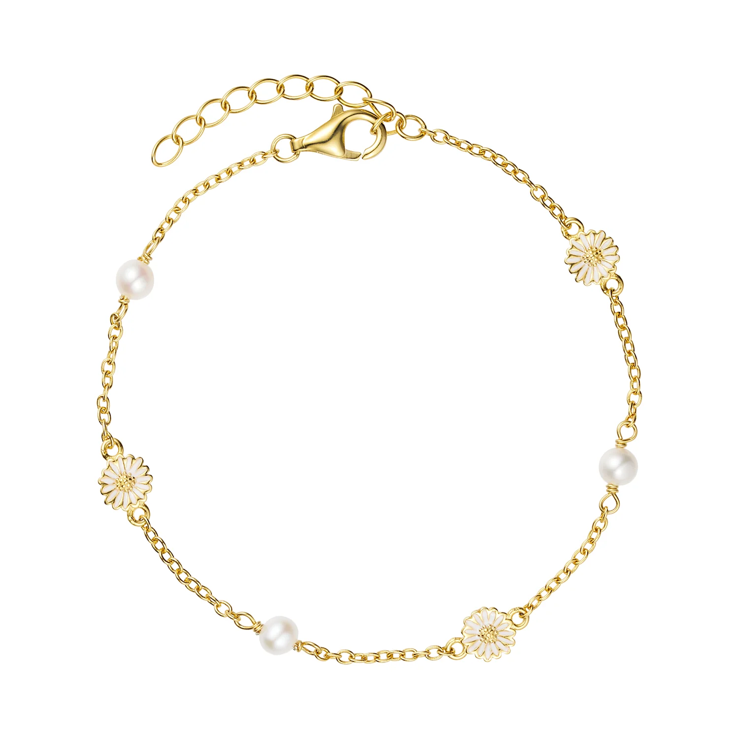 Vibholm SØLV - Marguerit armbånd m. ferskvandsperle, 16+3 cm - Forgyldt sølv