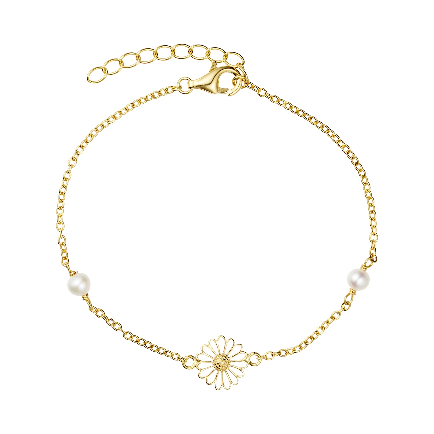 Vibholm SØLV - Marguerit armbånd m. ferskvandsperle, 9 mm/16+3 cm - Forgyldt sølv