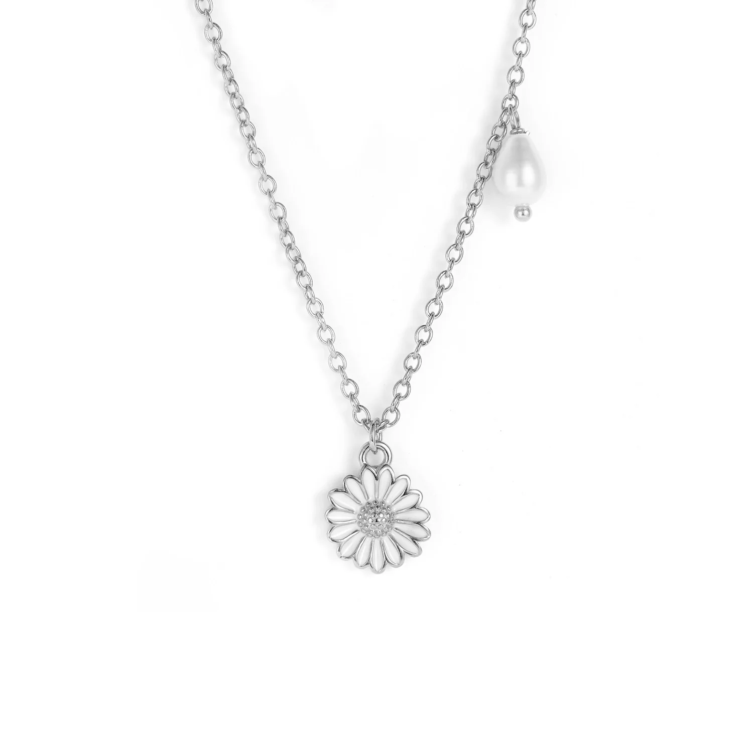 Vibholm SØLV - Marguerit halskæde m. ferskvandsperle, 9 mm/42+3 cm - Sølv